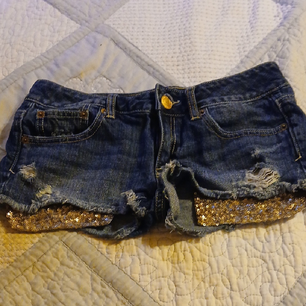 American Eagle Outfitters Blue and Gold Jean Shorts Distressed Cut-Off